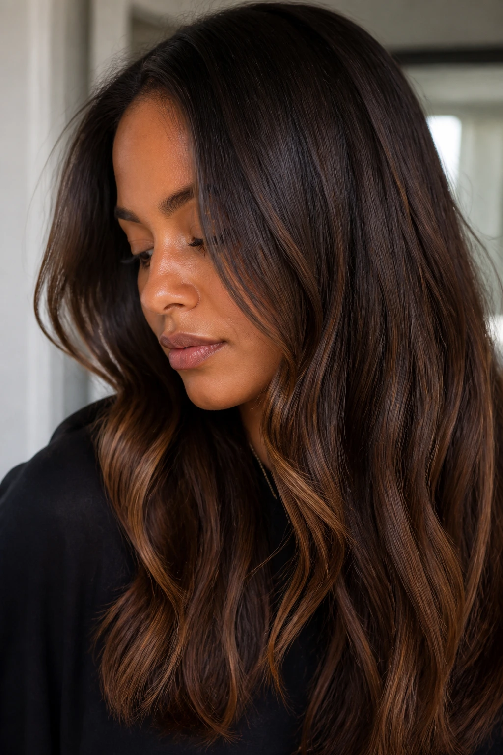 Close-up of a real person with deep mocha hair and barely-there gold glaze.