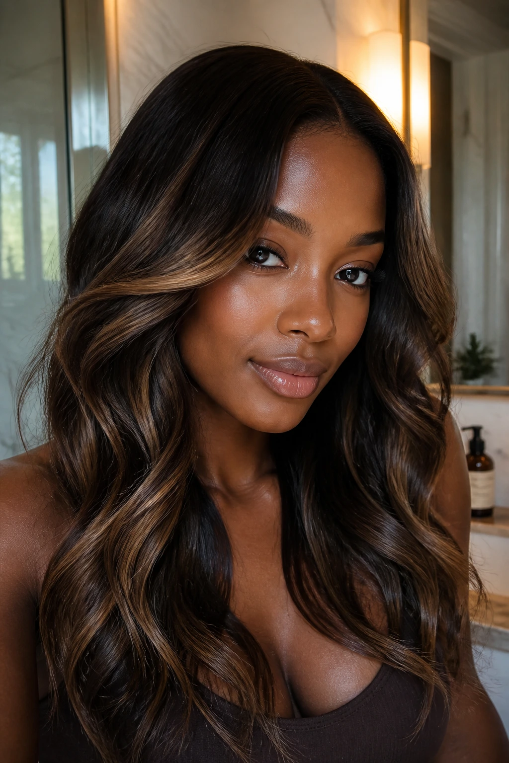 Close-up of deep skin tone woman with deep mocha hair and subtle end lights