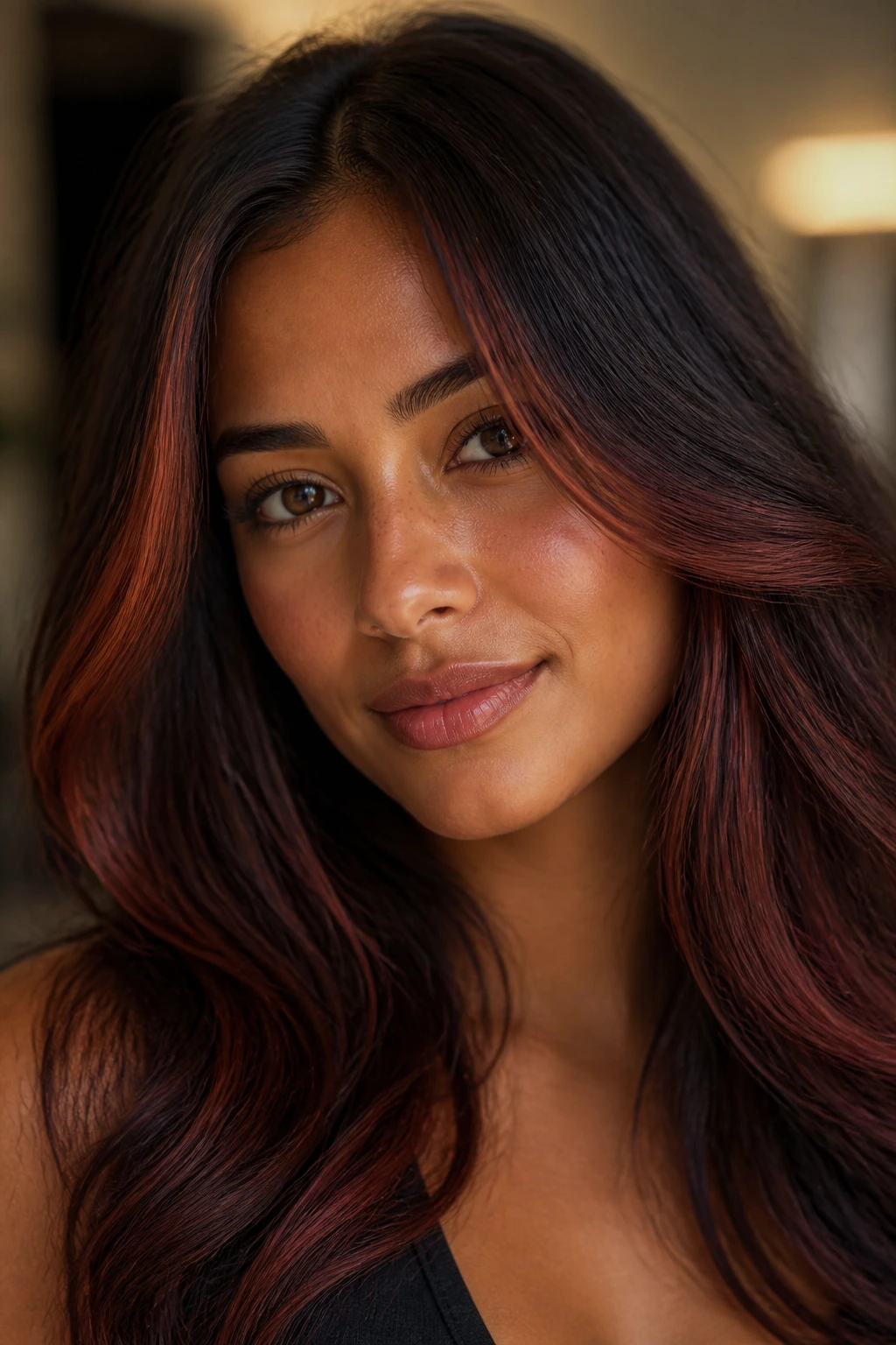 Close-up of a real woman with deep mocha hair and ruby auburn accents