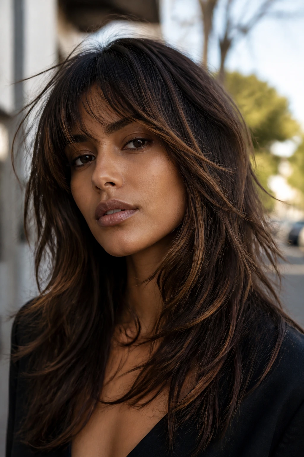 Close-up of a real woman with deep mocha shag and caramel ribbons