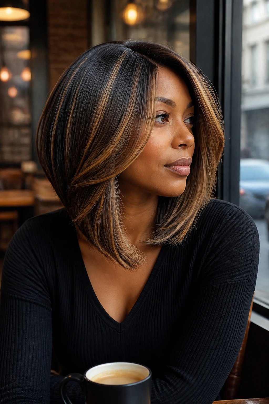 Portrait of a real woman with a deeper side part in a long layered bob with babylights at a cafe window