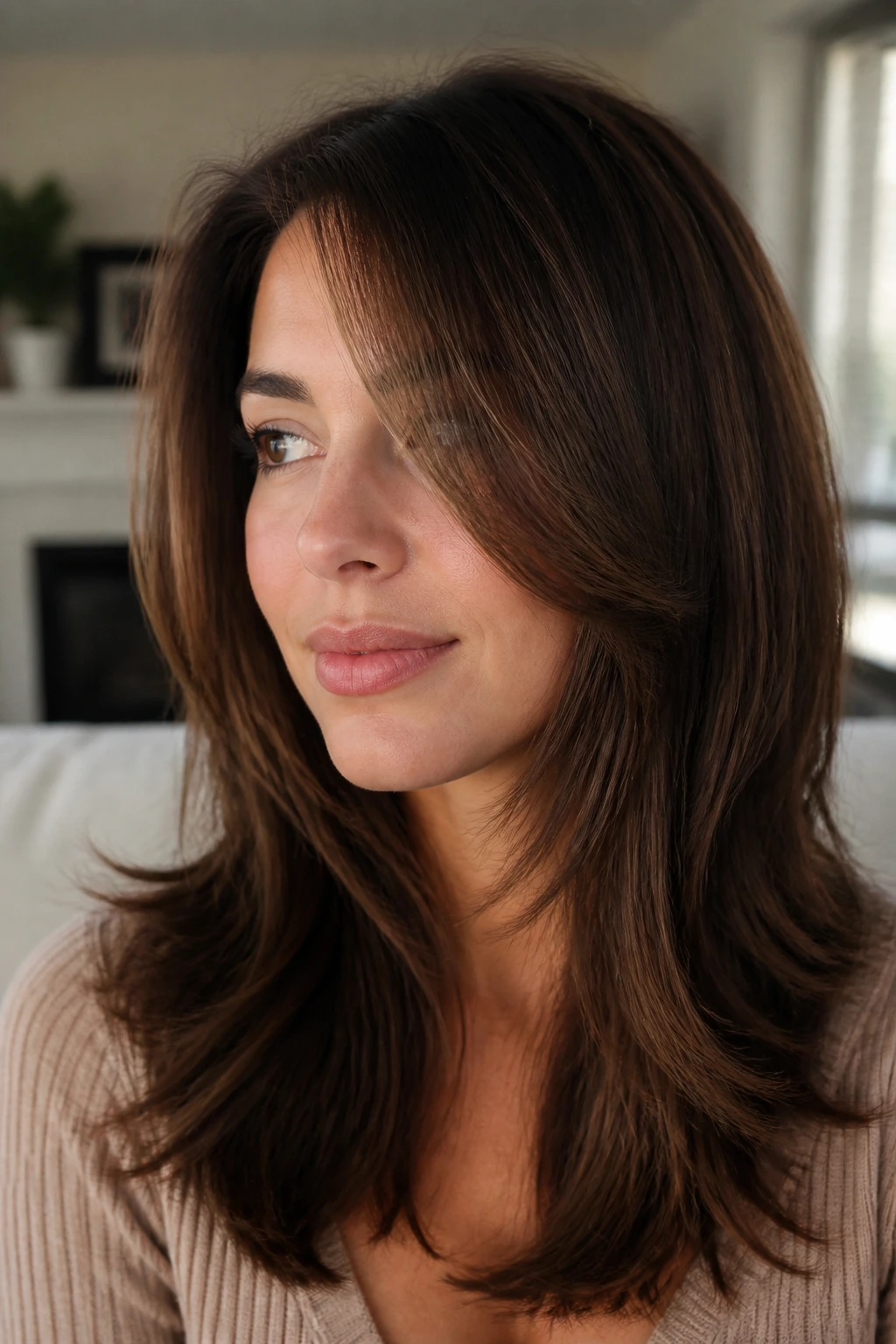 Portrait of a real woman with a deep-part invisible curtain bangs