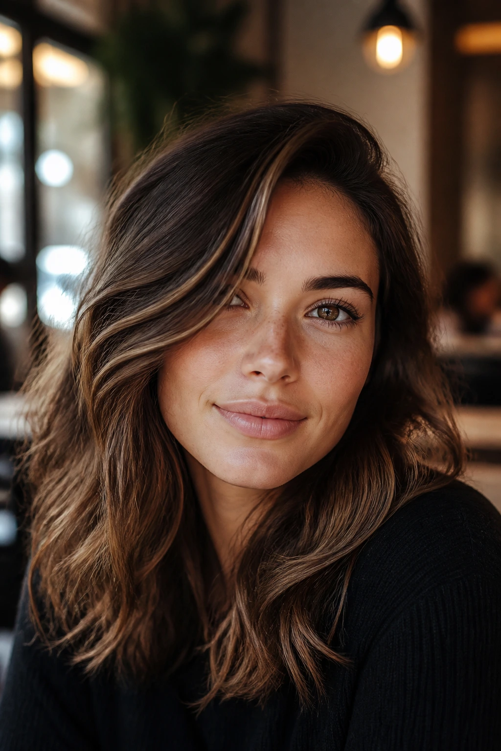 Close-up portrait of a real woman with a deep part curve fringe