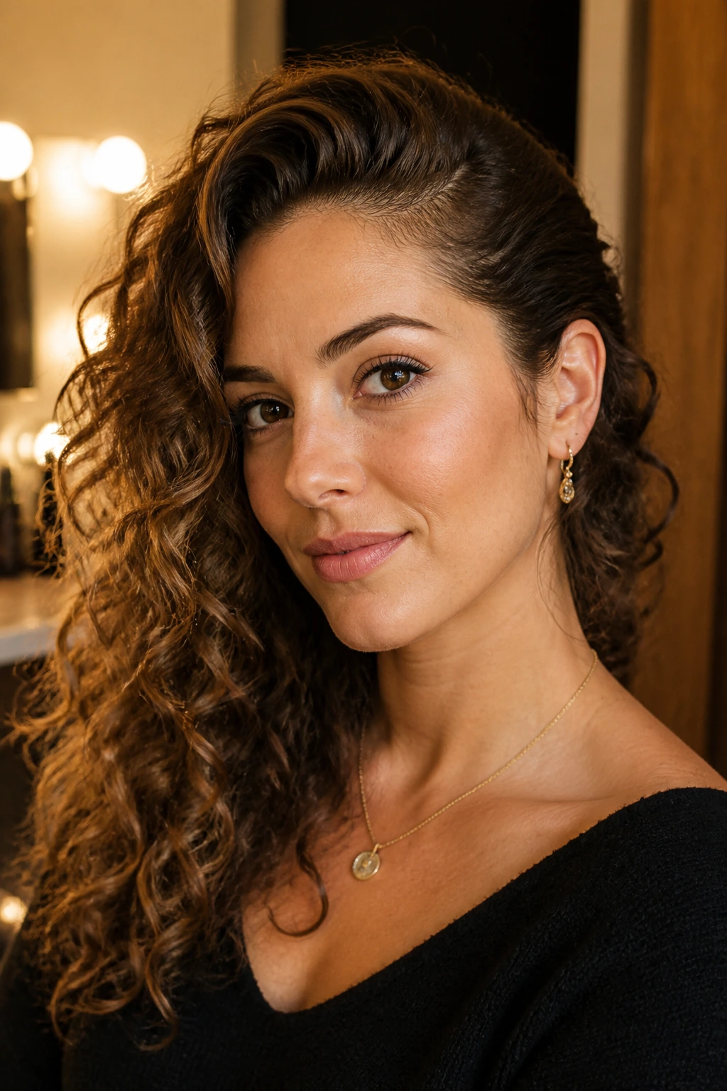 Close-up portrait of a woman with deep side part and lifted crown in curly hair.