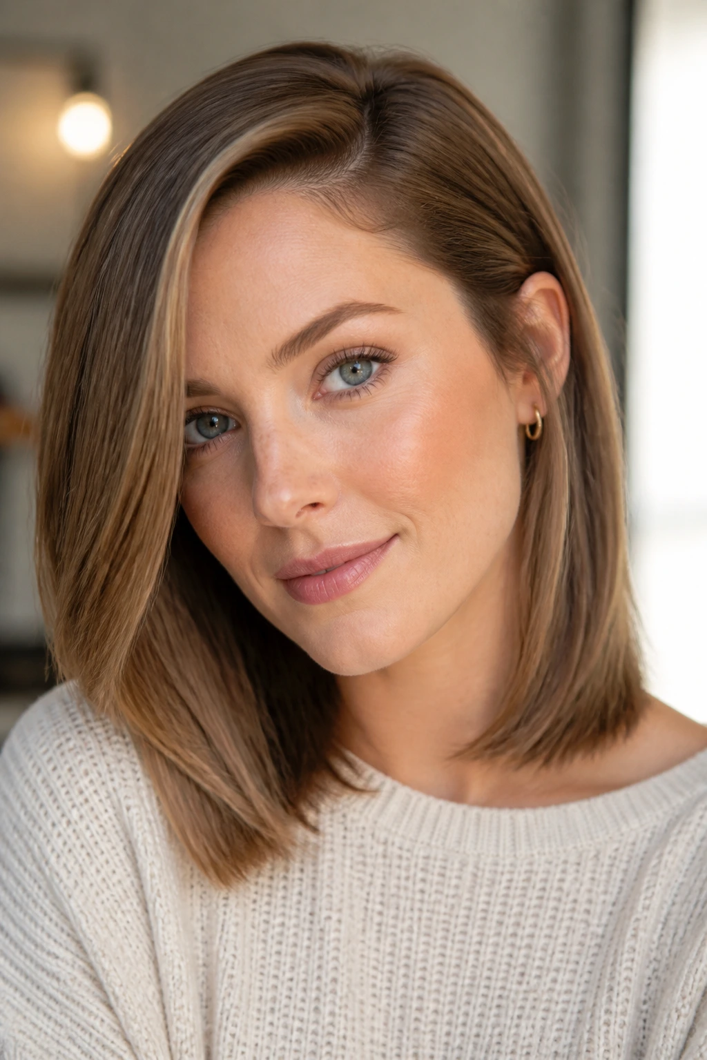 Close-up portrait of a real woman with shoulder-length hair showing a deep side part and tucked end