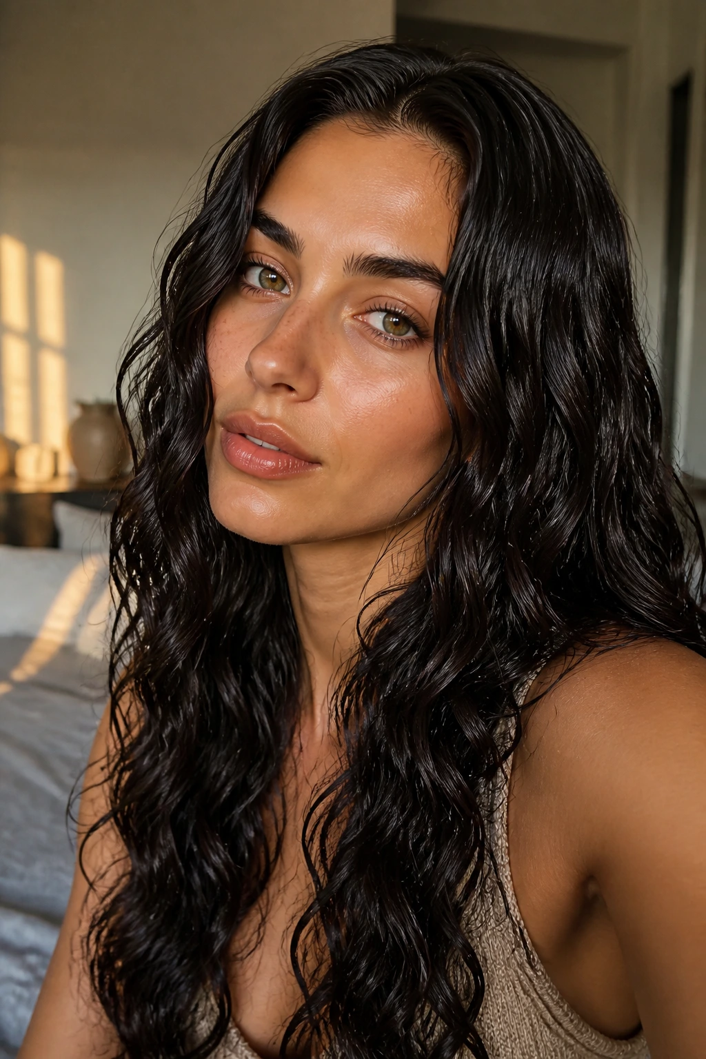 Close-up portrait of a real woman with deep roast brown wet-look waves on olive skin