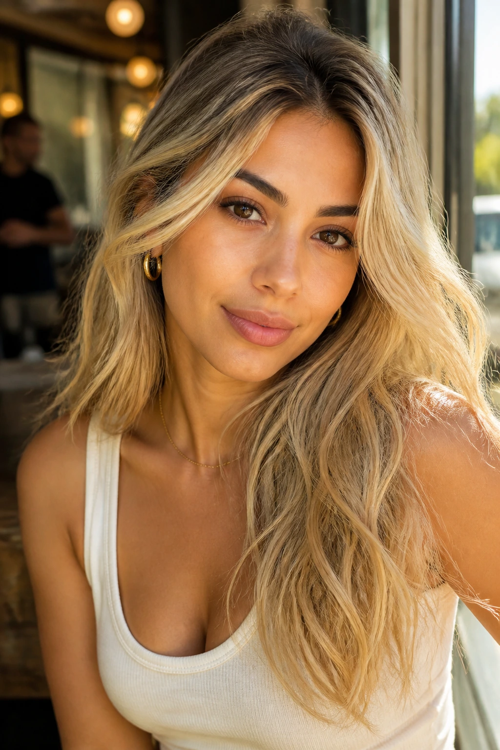 Close-up portrait of a real woman with deep root cream blonde color