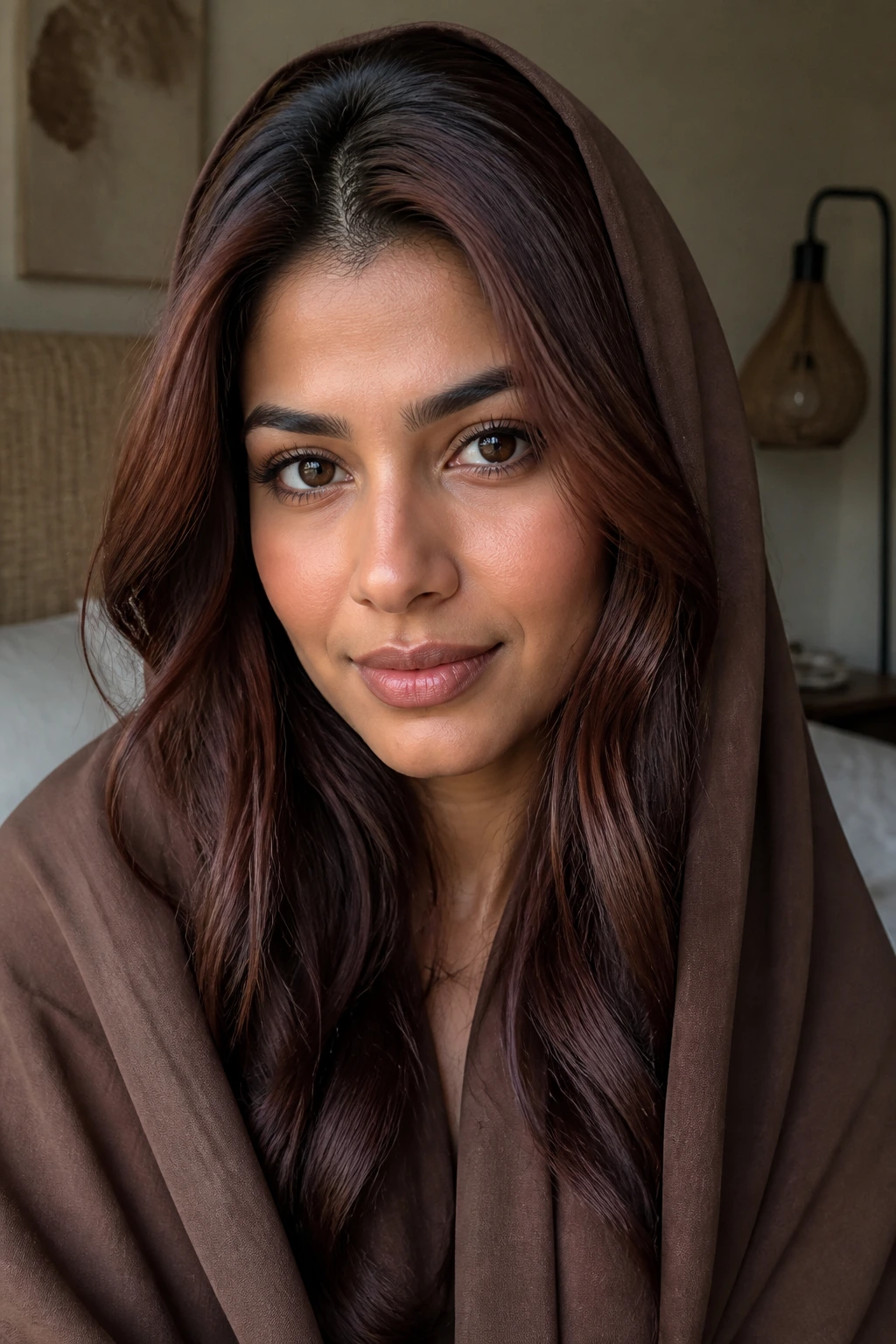 Close-up portrait of a real woman with deep rose brown hair