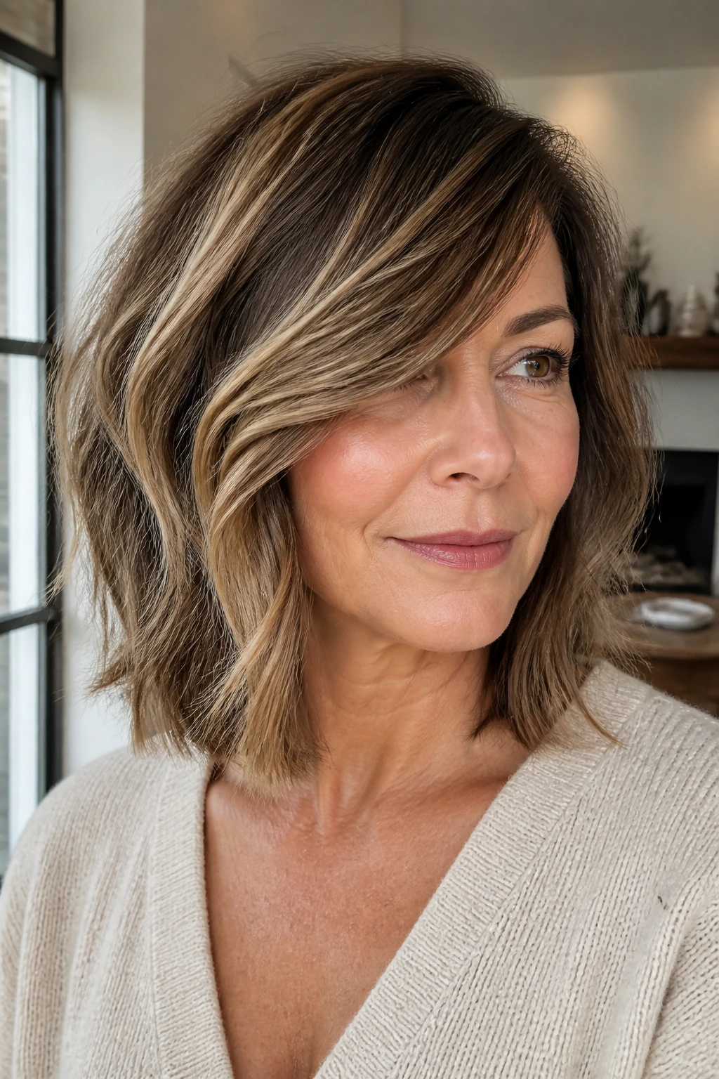 Close-up of a real woman with deep side bangs and a lob hairstyle