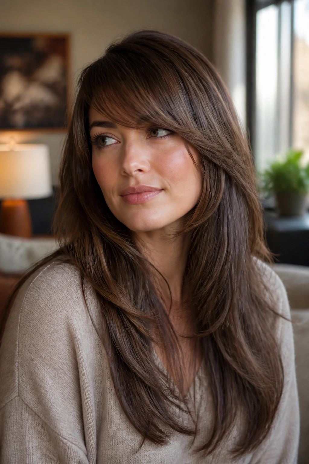 Head-and-shoulders portrait of a real person with a deep side-bent fringe and long layers in a cozy living room