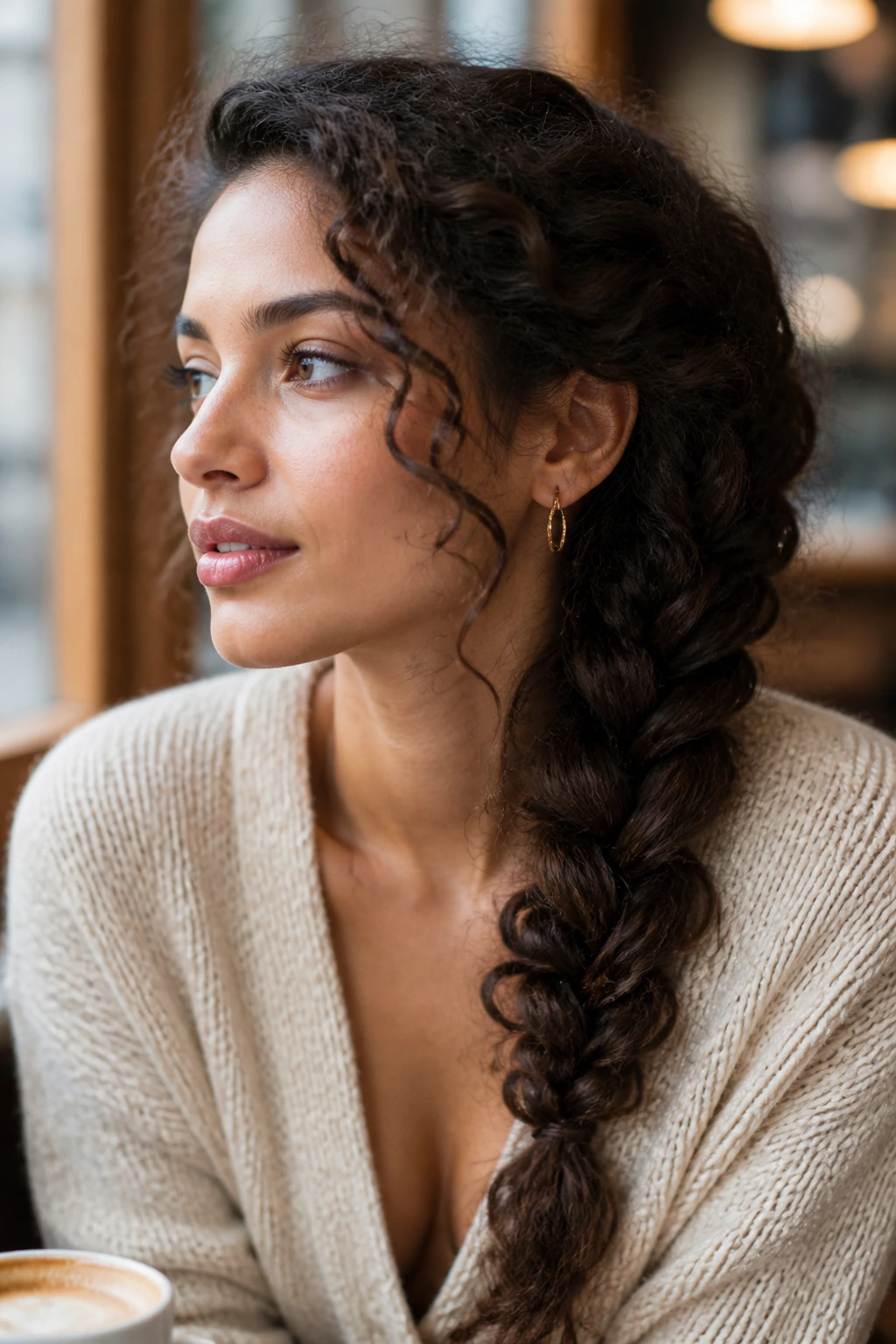 Close-up of a real woman with a deep side braid and thick curls in natural light