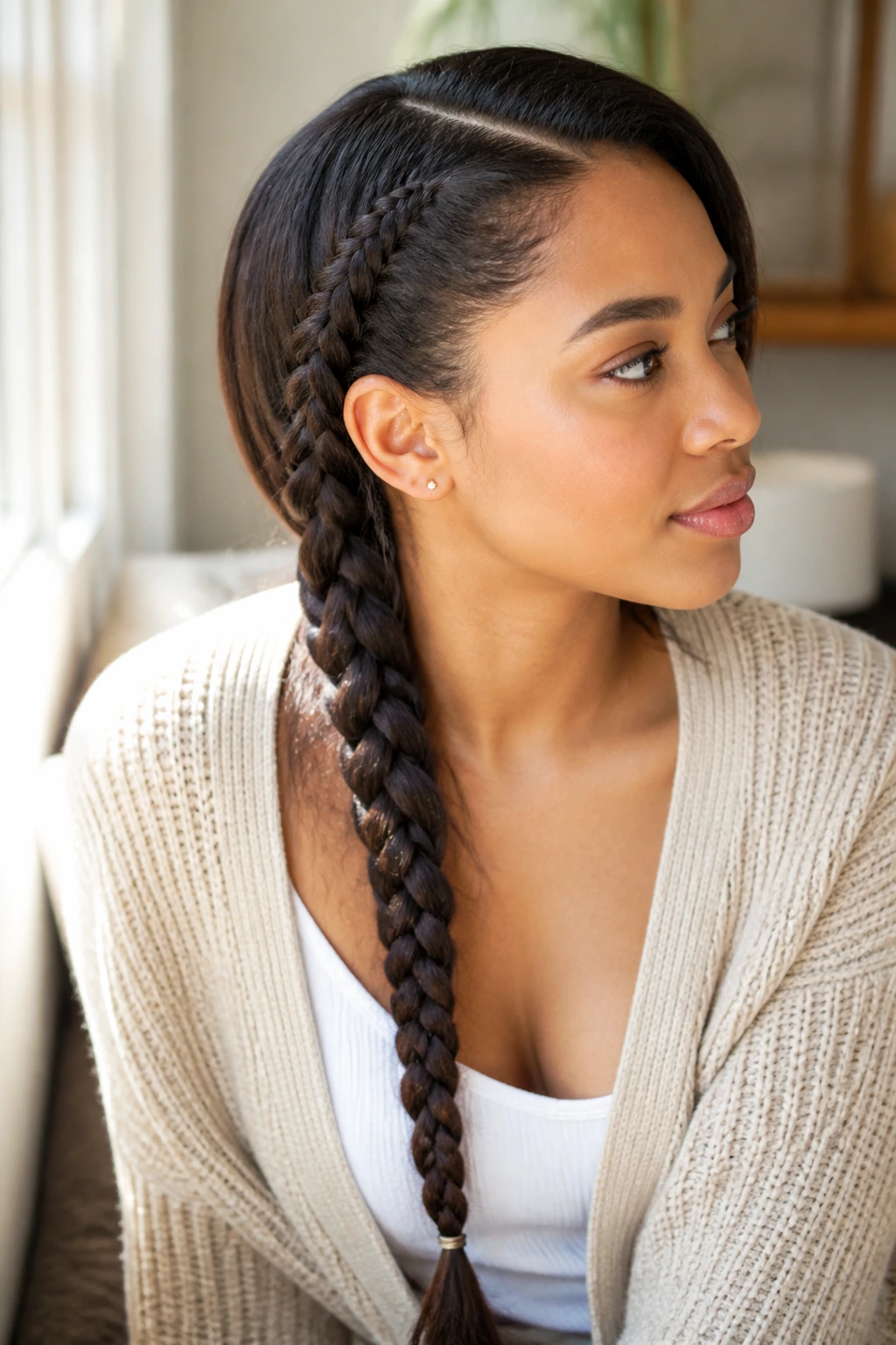 Close-up portrait of a real woman with a deep side braid over the shoulder