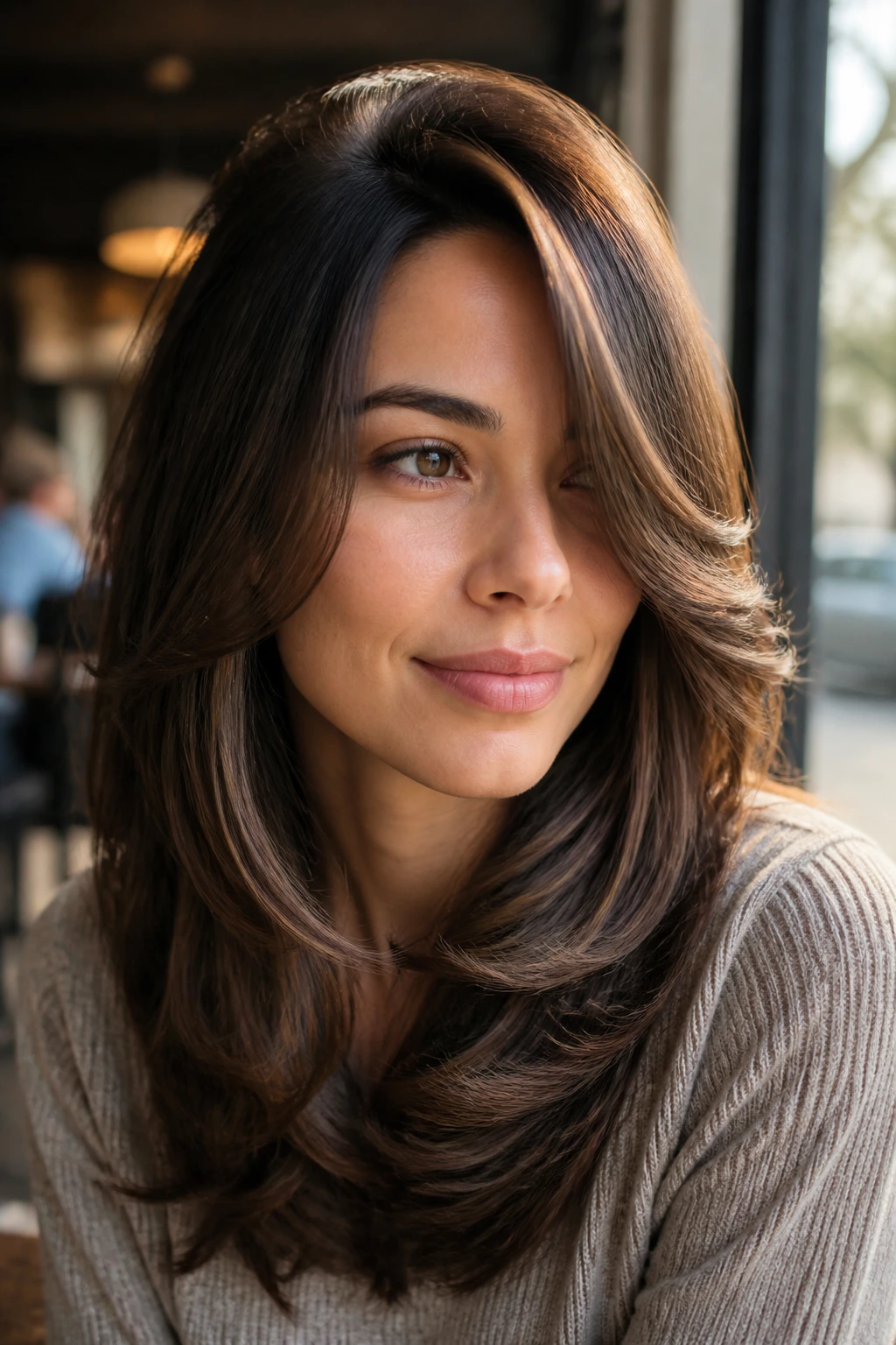 Close-up of a woman with a deep side part and cascading shoulder-length layers