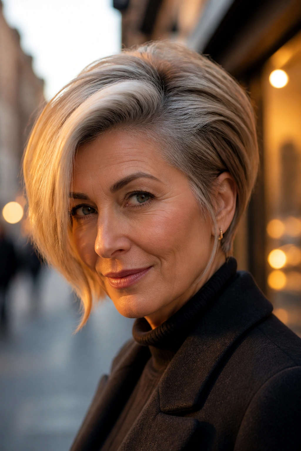 Close-up portrait of a real woman with a deep side crown lift cut hairstyle