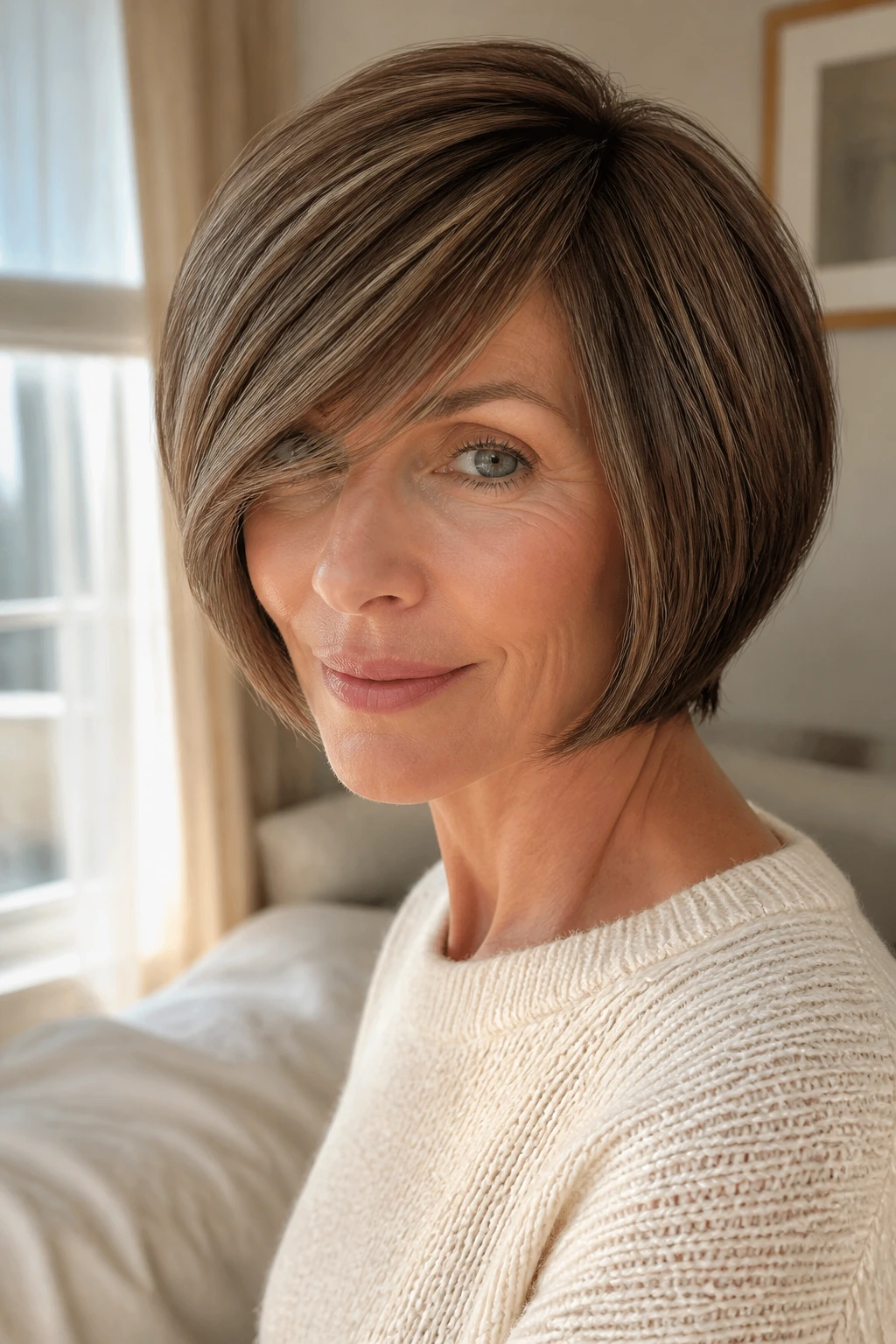 Portrait of a real woman with a deep side-swept fringe bob in a sunlit bedroom