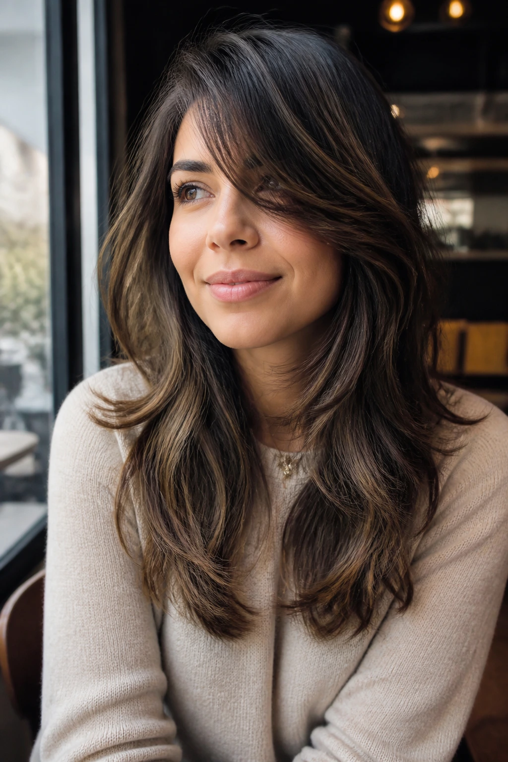 Close-up of a woman with a deep side fringe and hidden layers in a daytime cafe setting