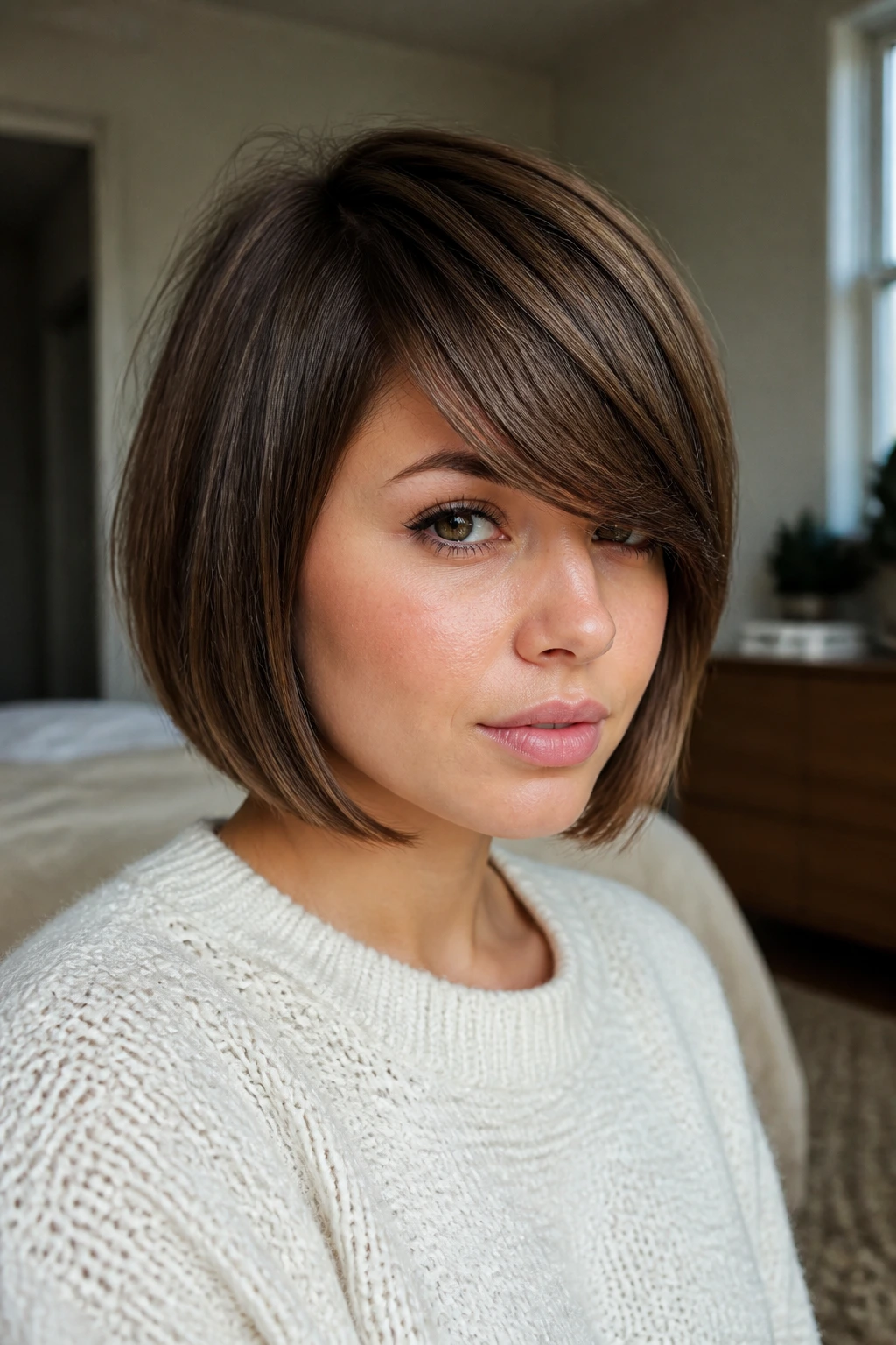 Close-up portrait of a real woman with a jaw-skimming lob and deep side fringe under warm window light