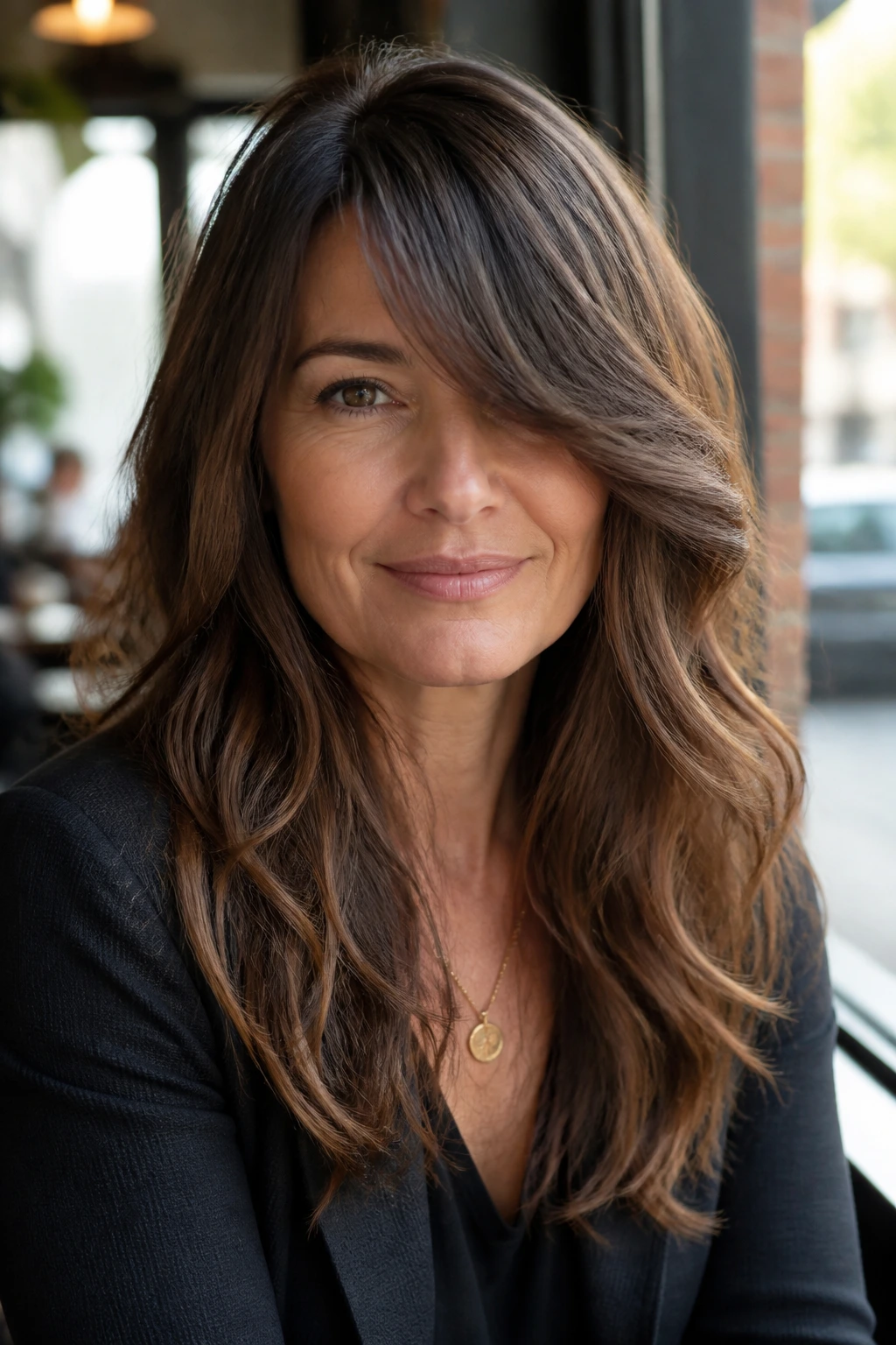 Portrait of a real woman with a deep side fringe blending into long layers in natural light