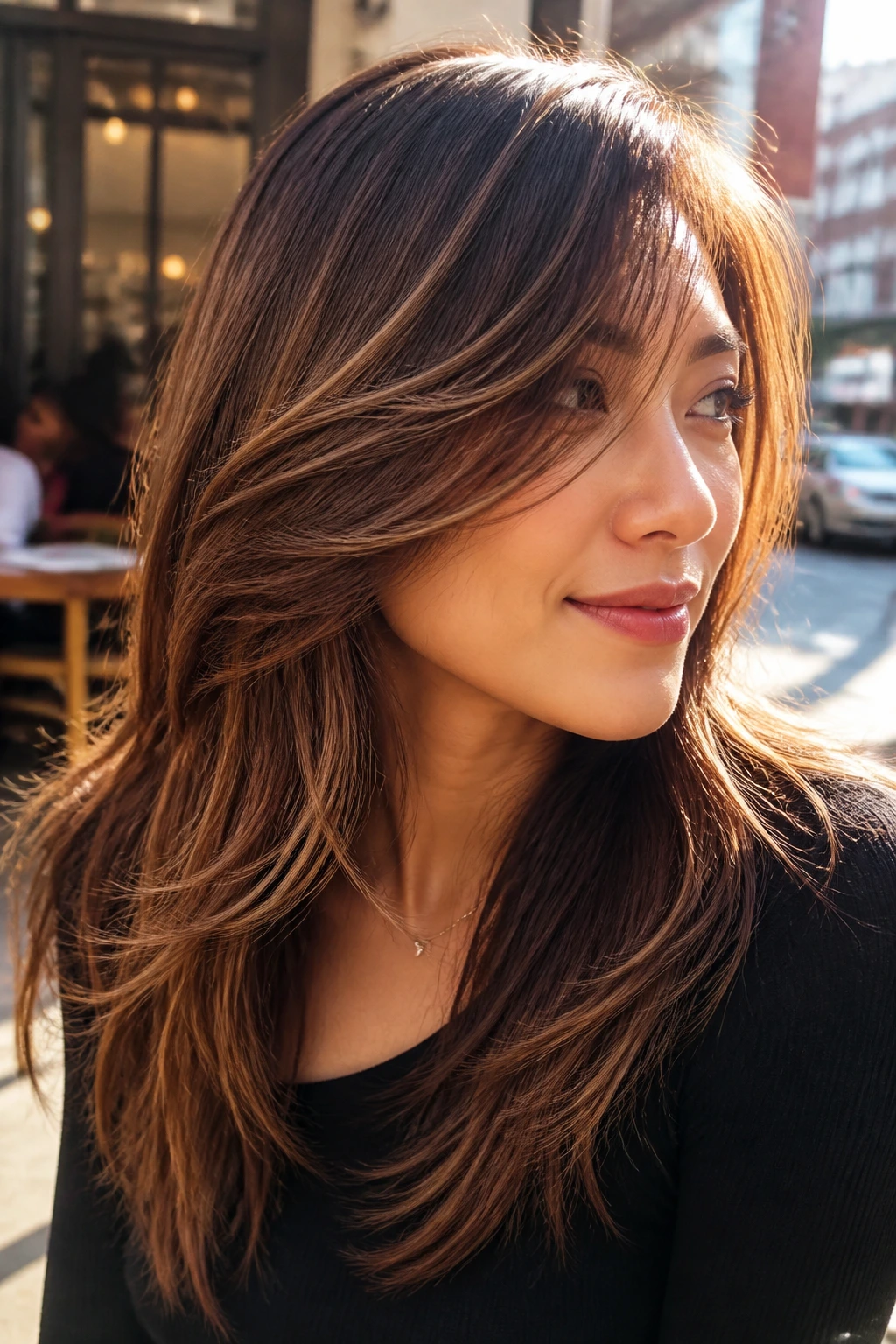 Portrait of a real woman with deep side fringe and long diagonal layers with caramel highlights.