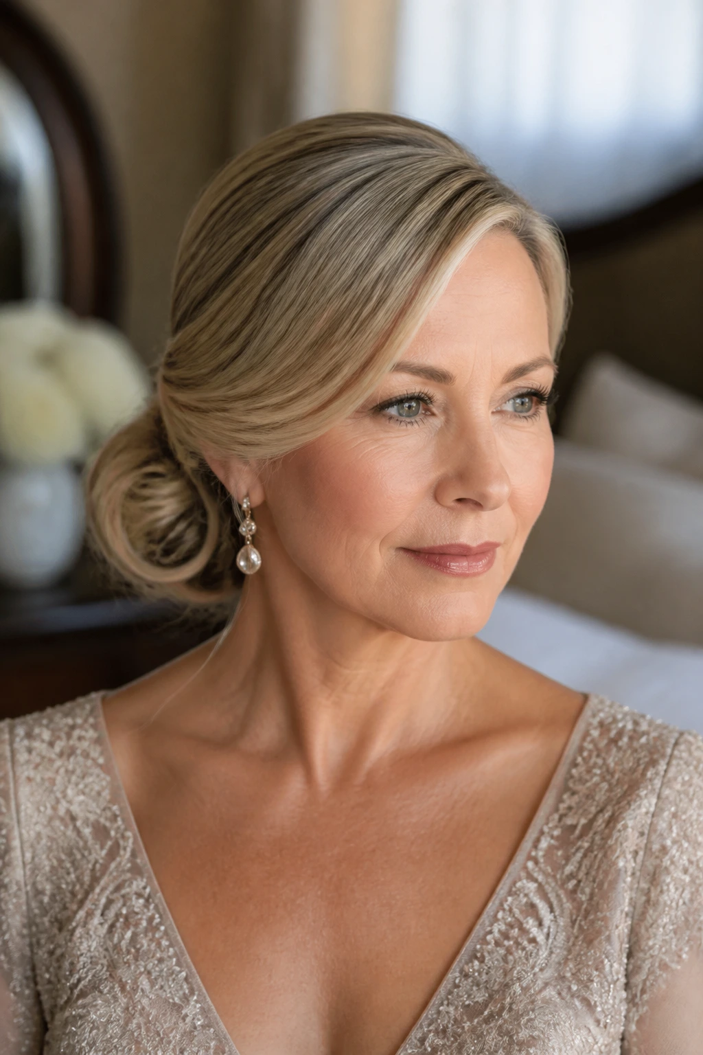 Close-up of a real woman with a deep-side low bun and sweeping front section.