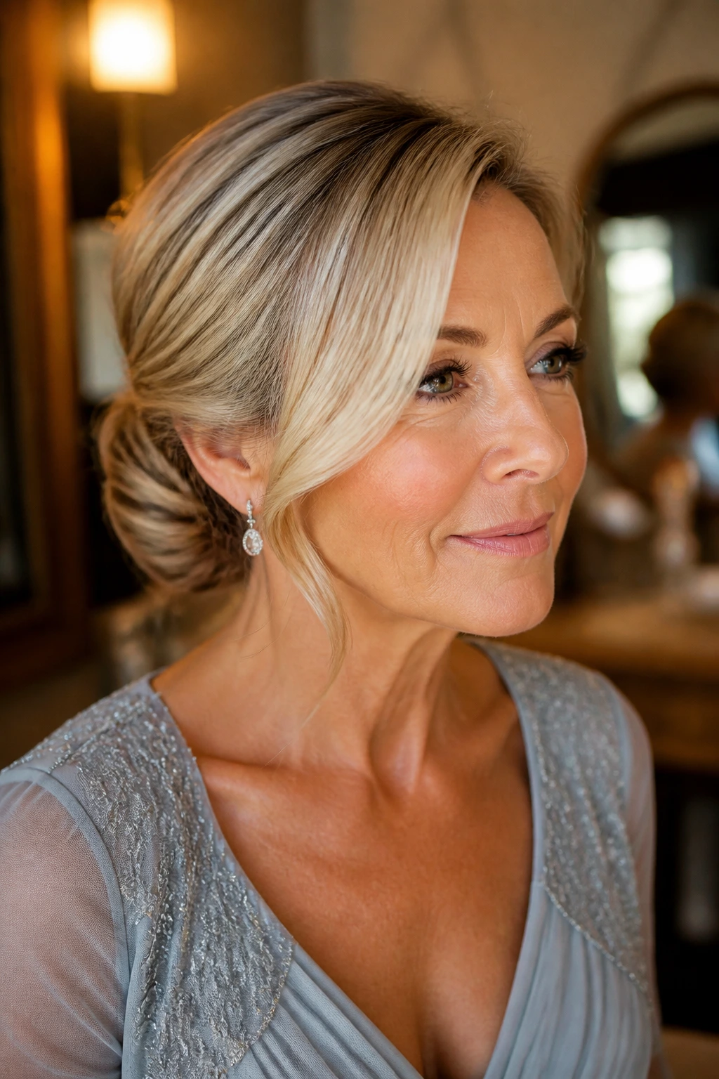Close-up of a real woman with a deep-side low bun and sweeping front section