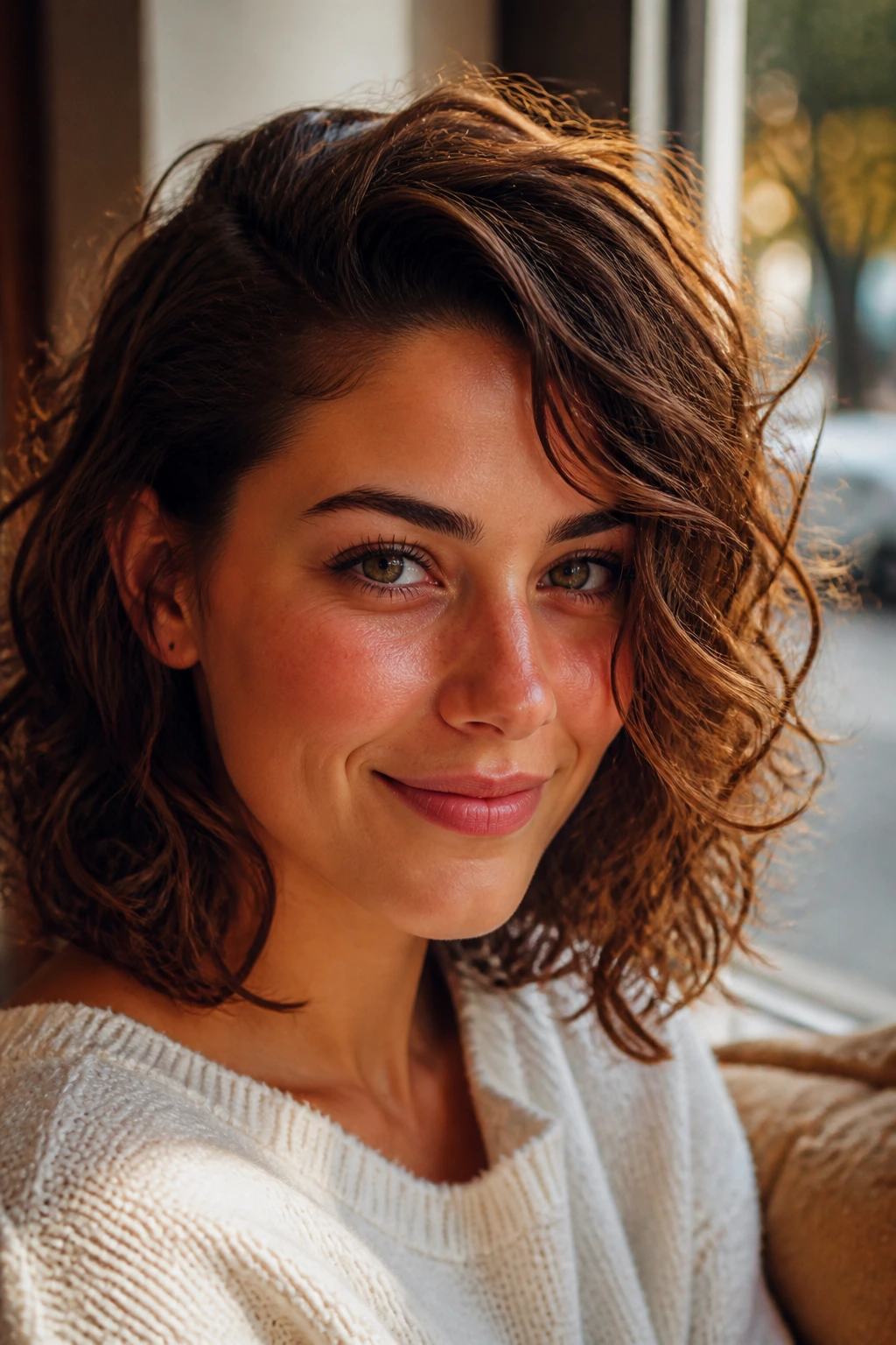 Close-up of a real woman with deep side-part angle in shoulder-length curls