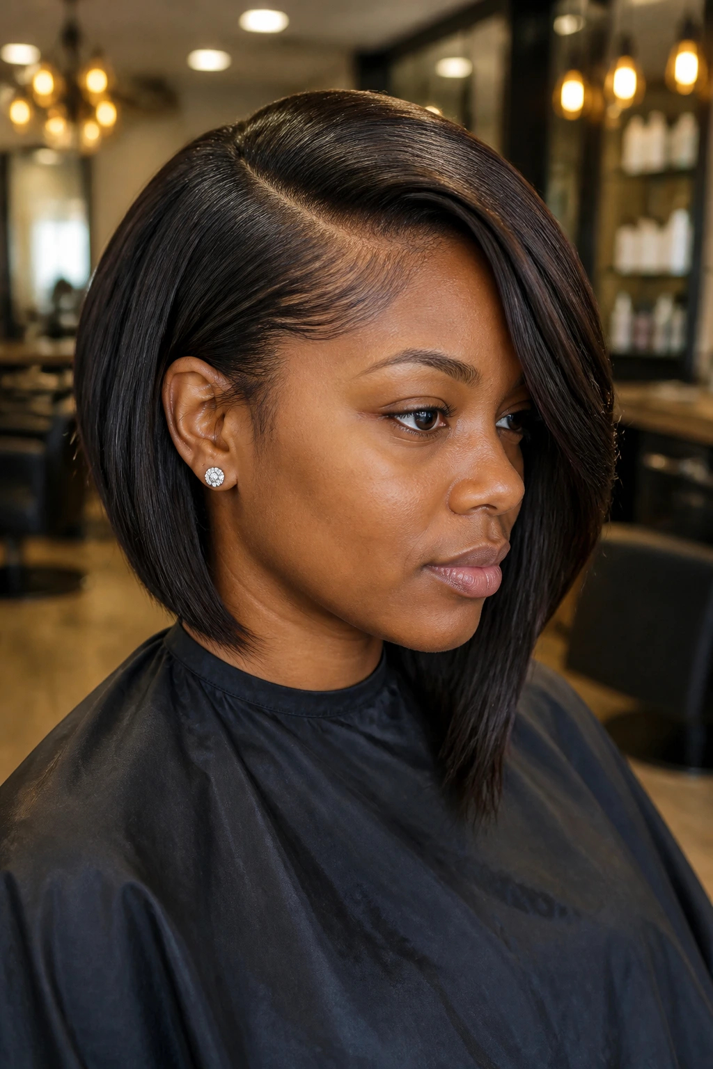 Real woman with deep side-part asymmetrical bob in a salon setting