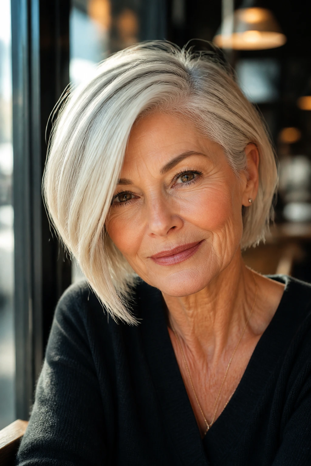 Close-up of a real woman with a deep side-part asymmetrical bob in cafe lighting