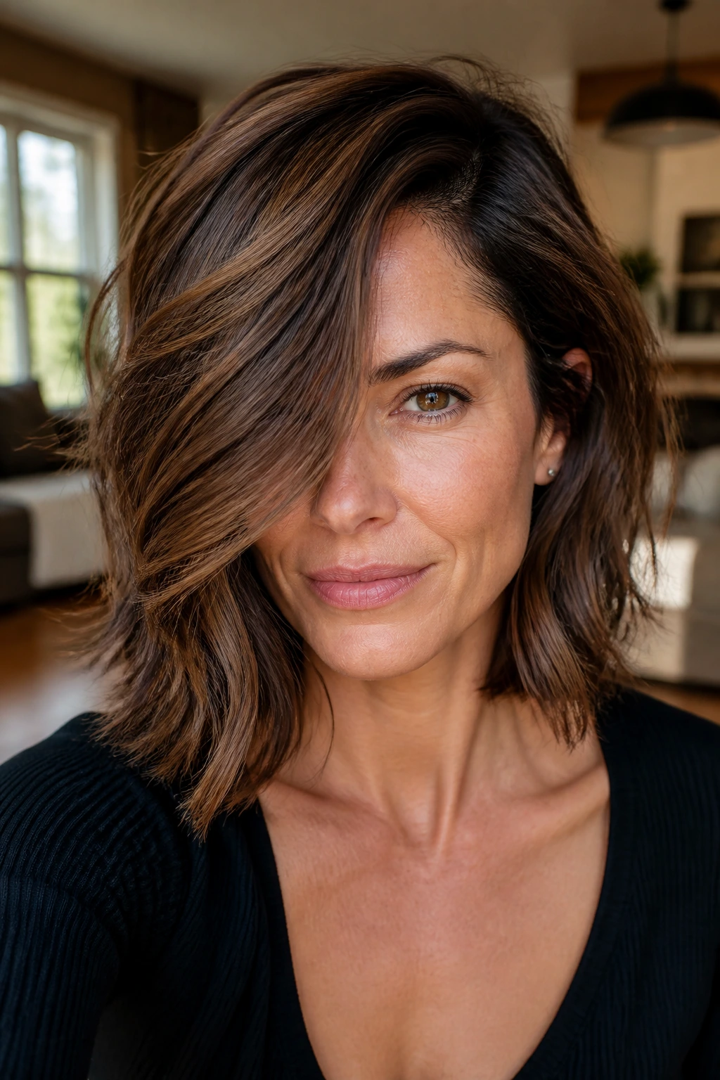 Close-up portrait of a real woman with a deep side part and asymmetrical layers in wavy hair, warm living room light