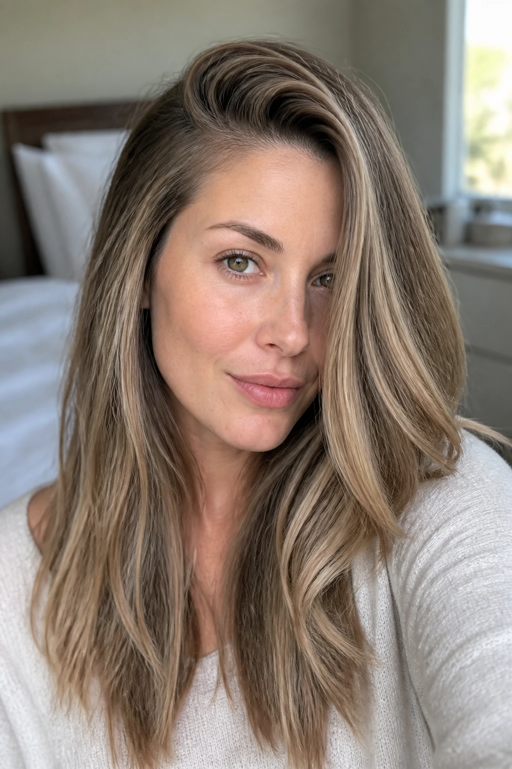 Close-up portrait of a real woman with a deep side part and fuller front sweep, babylights.