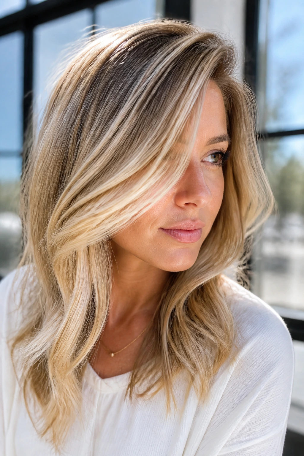 Woman with deep side-part bangs and sunlit balayage in natural light