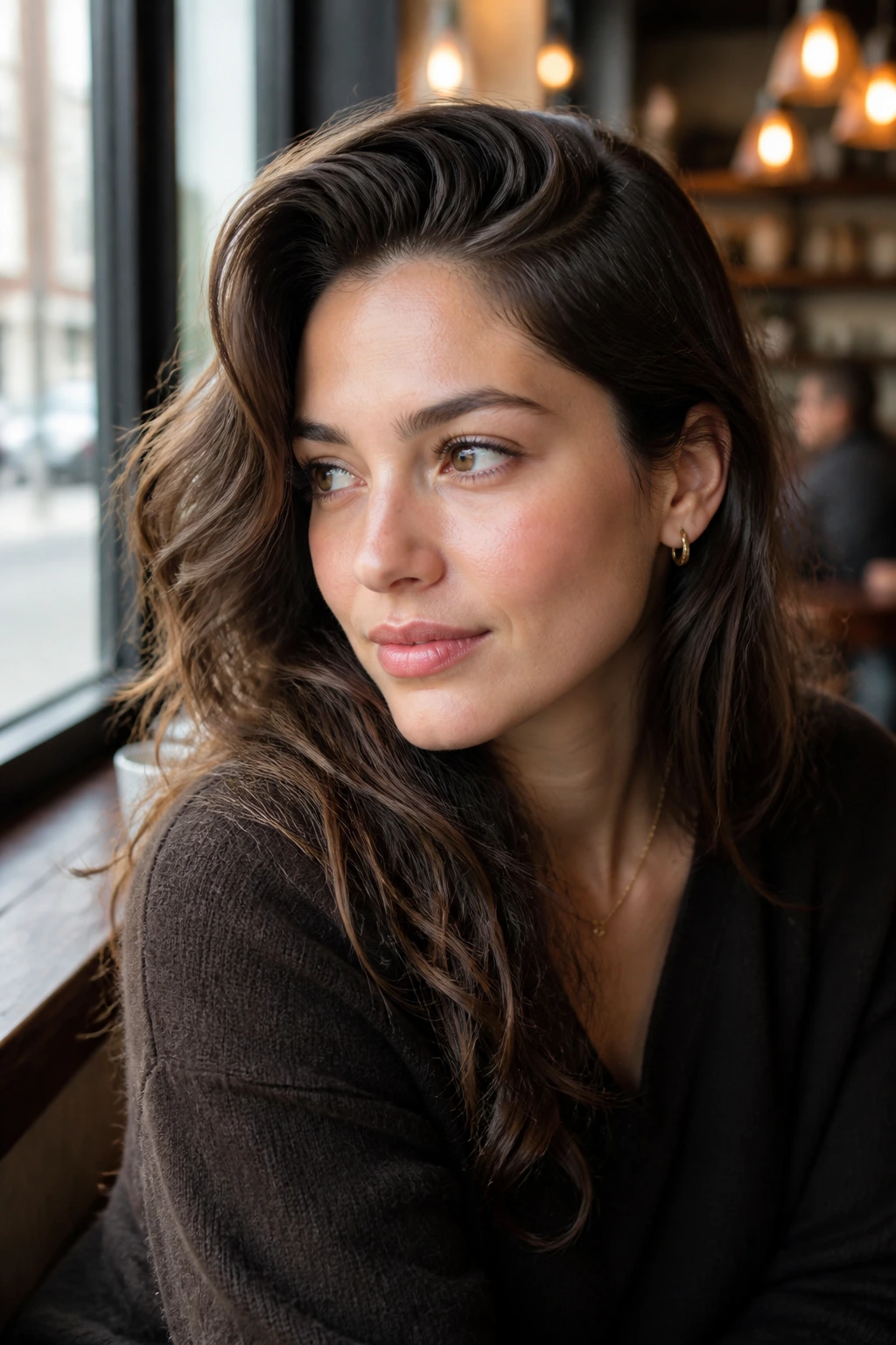 Portrait of real person with deep side part and swept-back curtain bangs.