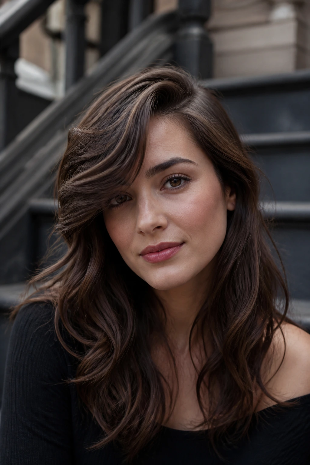 Real woman with deep side-part fringe sweeping across forehead