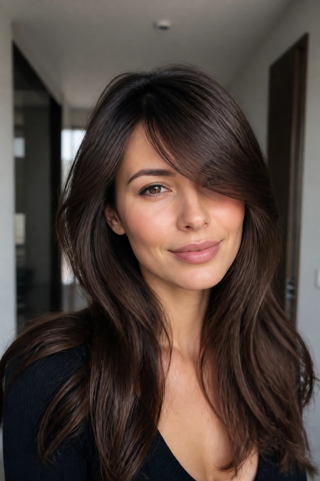 Real woman with deep diagonal side-part bangs in a bright apartment.