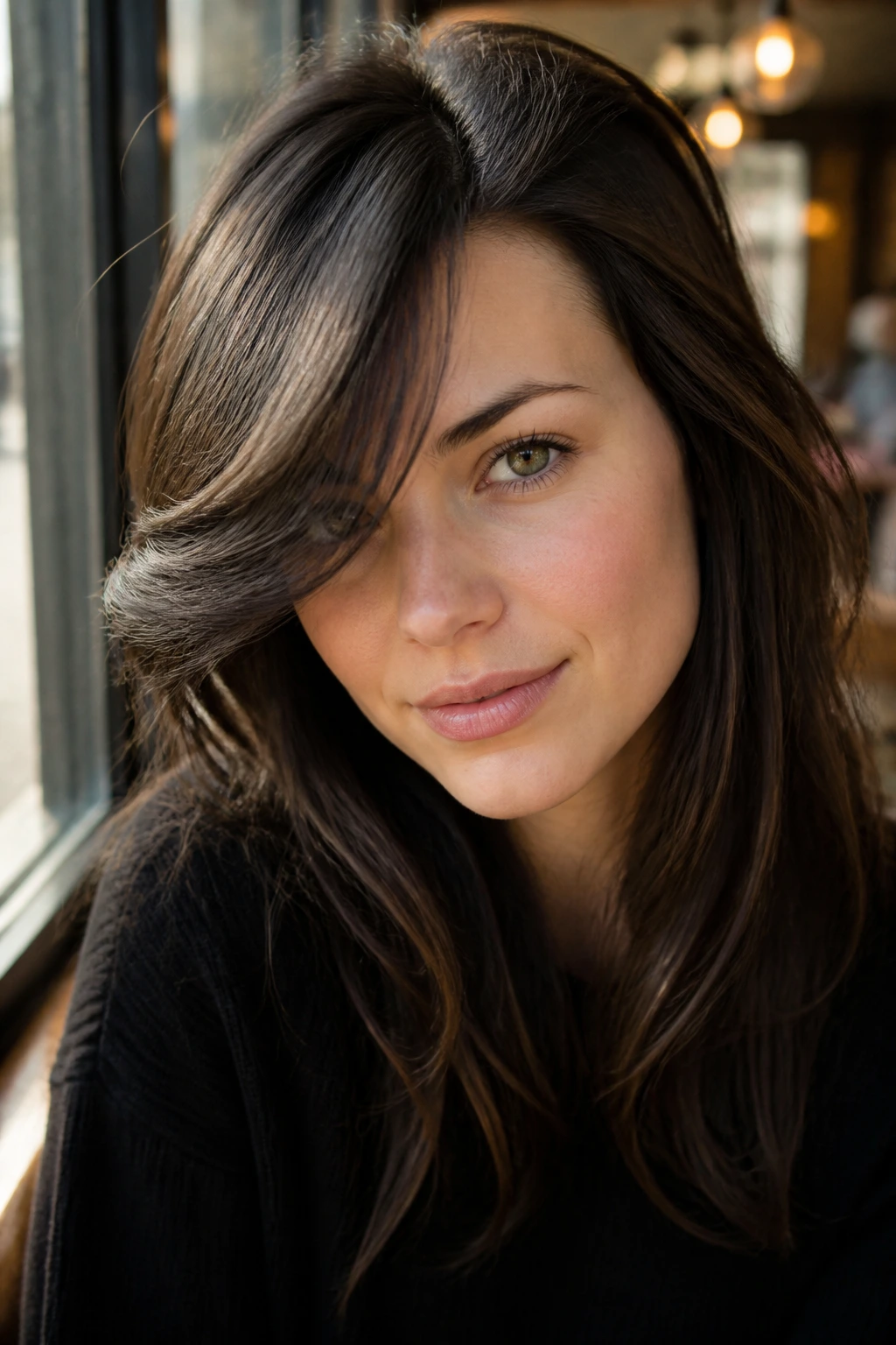 Close-up portrait of a woman with a deep side-part fringe sweeping across the forehead