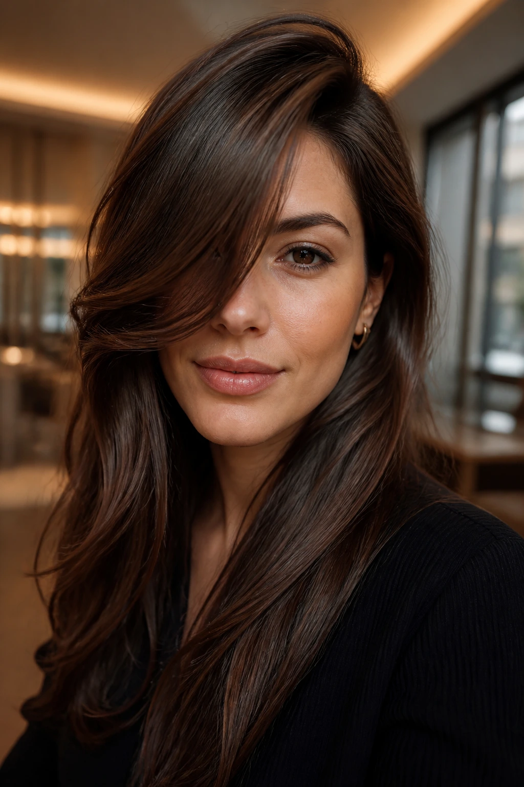 Close-up portrait of a real woman with deep side-part bangs sweeping across her forehead