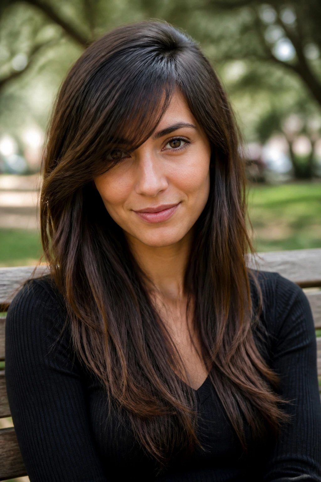 Close-up portrait of a woman with deep side-part bangs