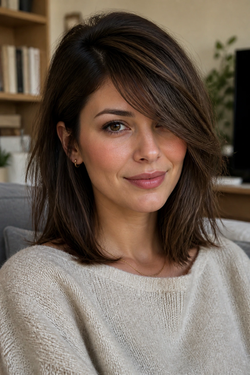 Portrait of a real woman with deep side-parted angled bangs sweeping the forehead