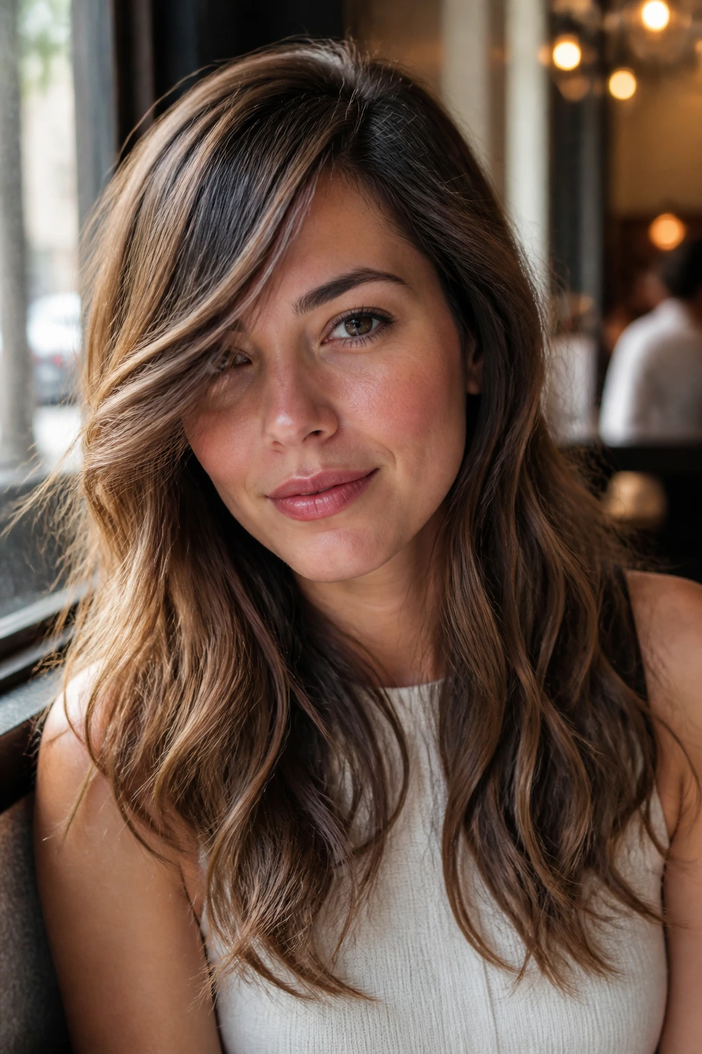 Close-up of deep side-part bangs on a real woman with wavy hair in a cafe setting