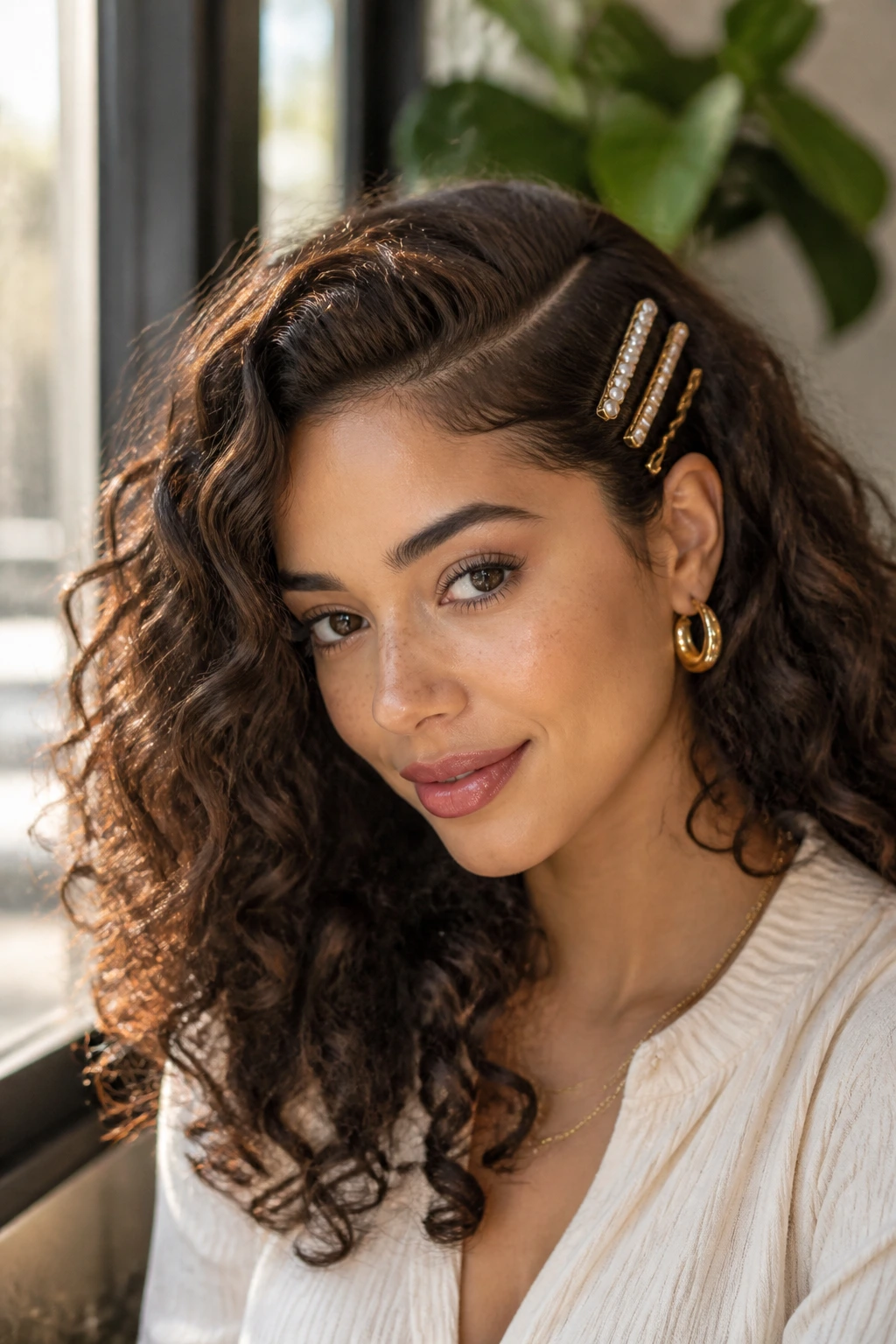 Close-up of a real woman with a deep side part and stacked barrettes among curls.