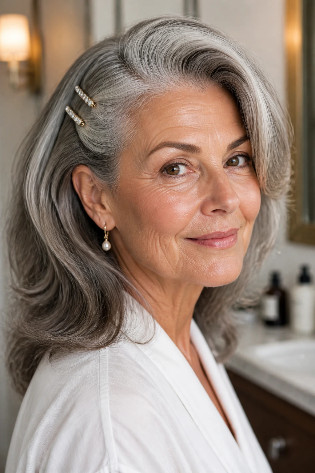 Close-up of a woman with a deep side part and two barrettes, thick hair in morning light.