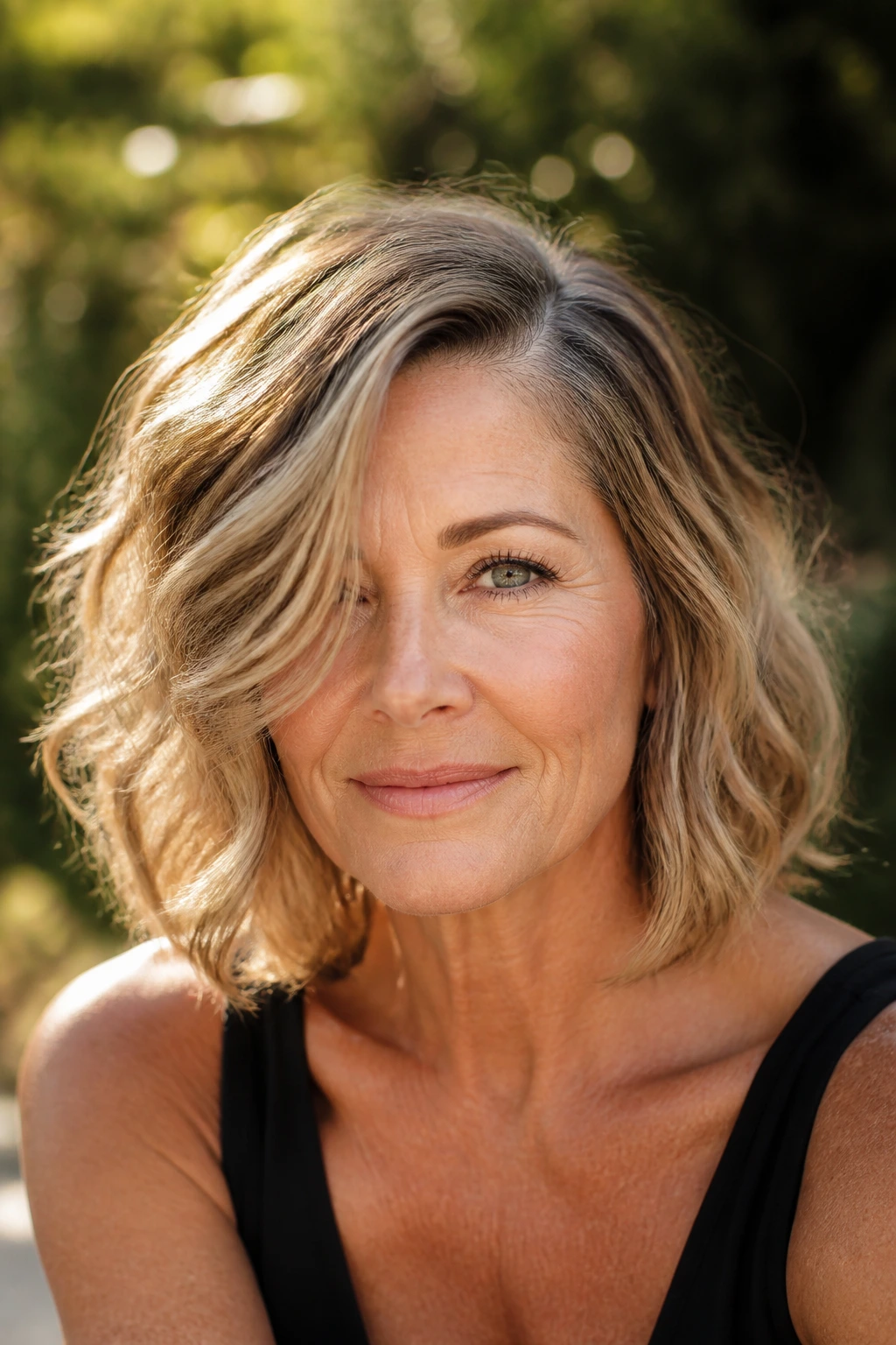 Real woman with deep side-part beachy bob in sunny garden light