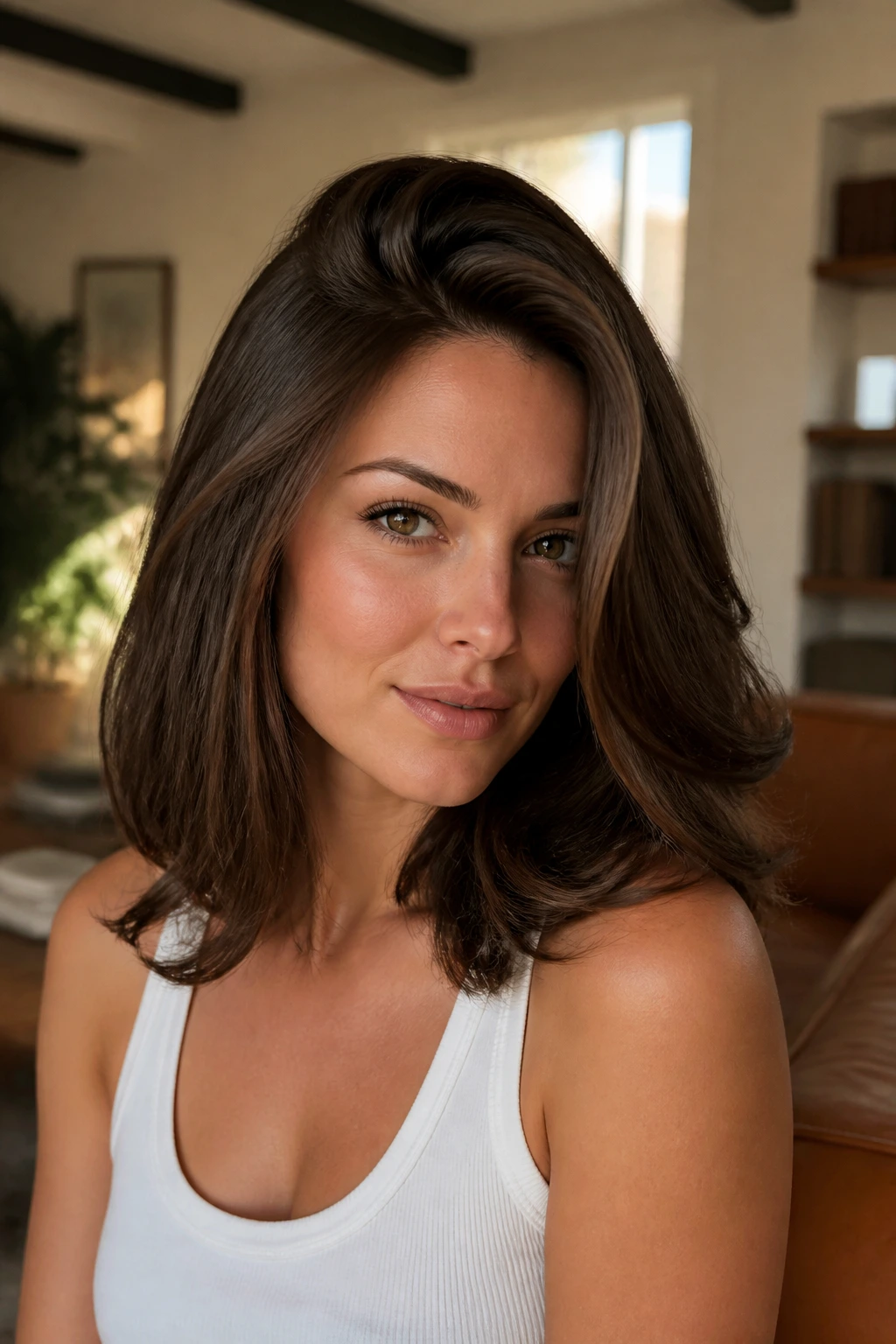 Portrait of a woman with a deep side part and soft bend at the ends framing the cheeks.
