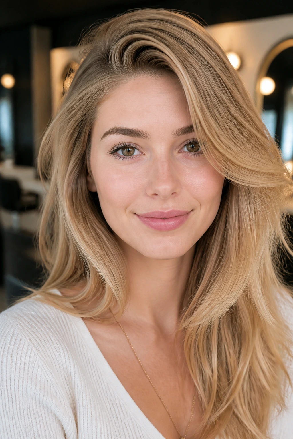 Portrait of a real woman with a deep side part and golden almond blonde in warm salon light