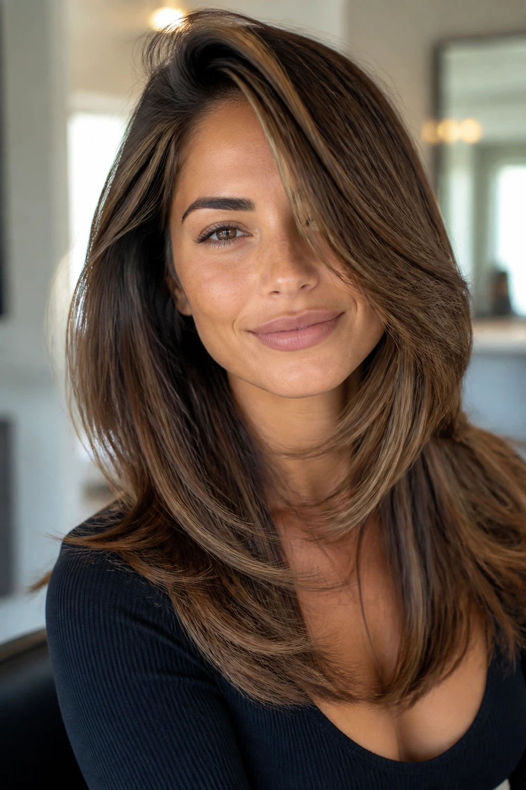 Close-up of a real woman with a deep side part and glossy blowout layers.