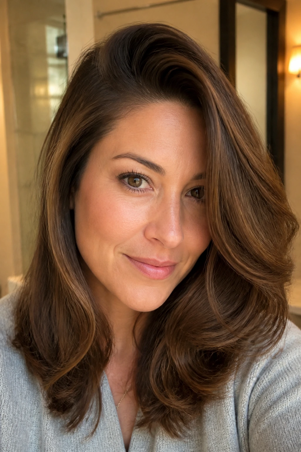 Close-up of a real model with a deep side part and soft blowout in warm bathroom light