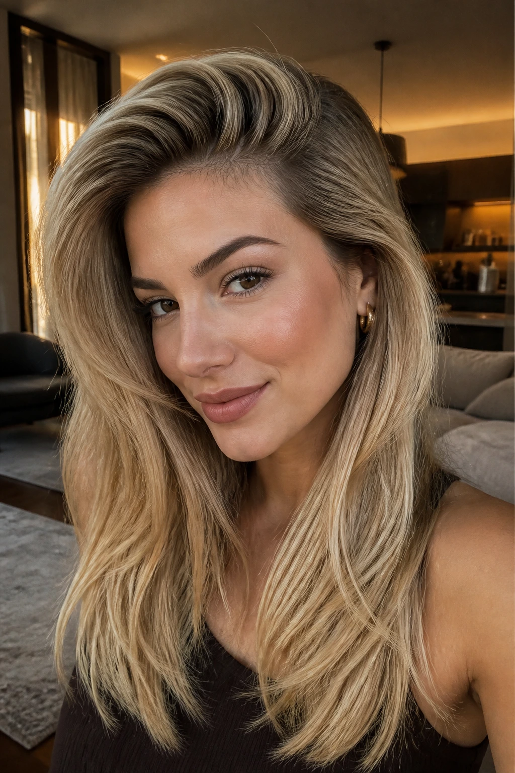 Real woman with deep side-part blowout in warm living room light