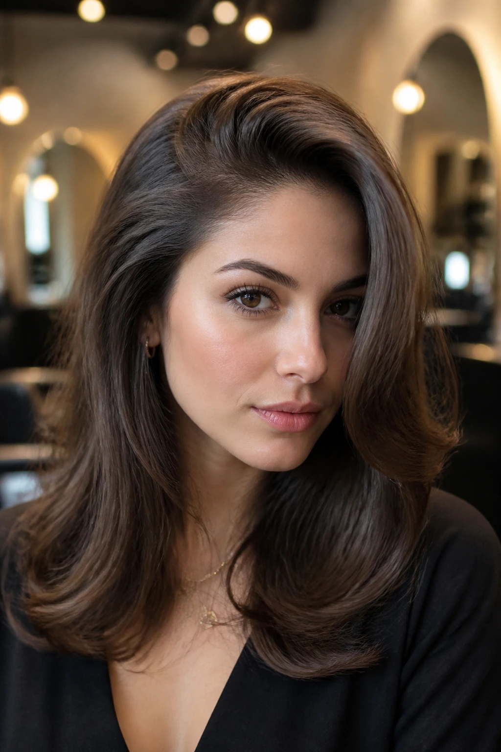 Portrait of a real person with a deep side-part blowout.