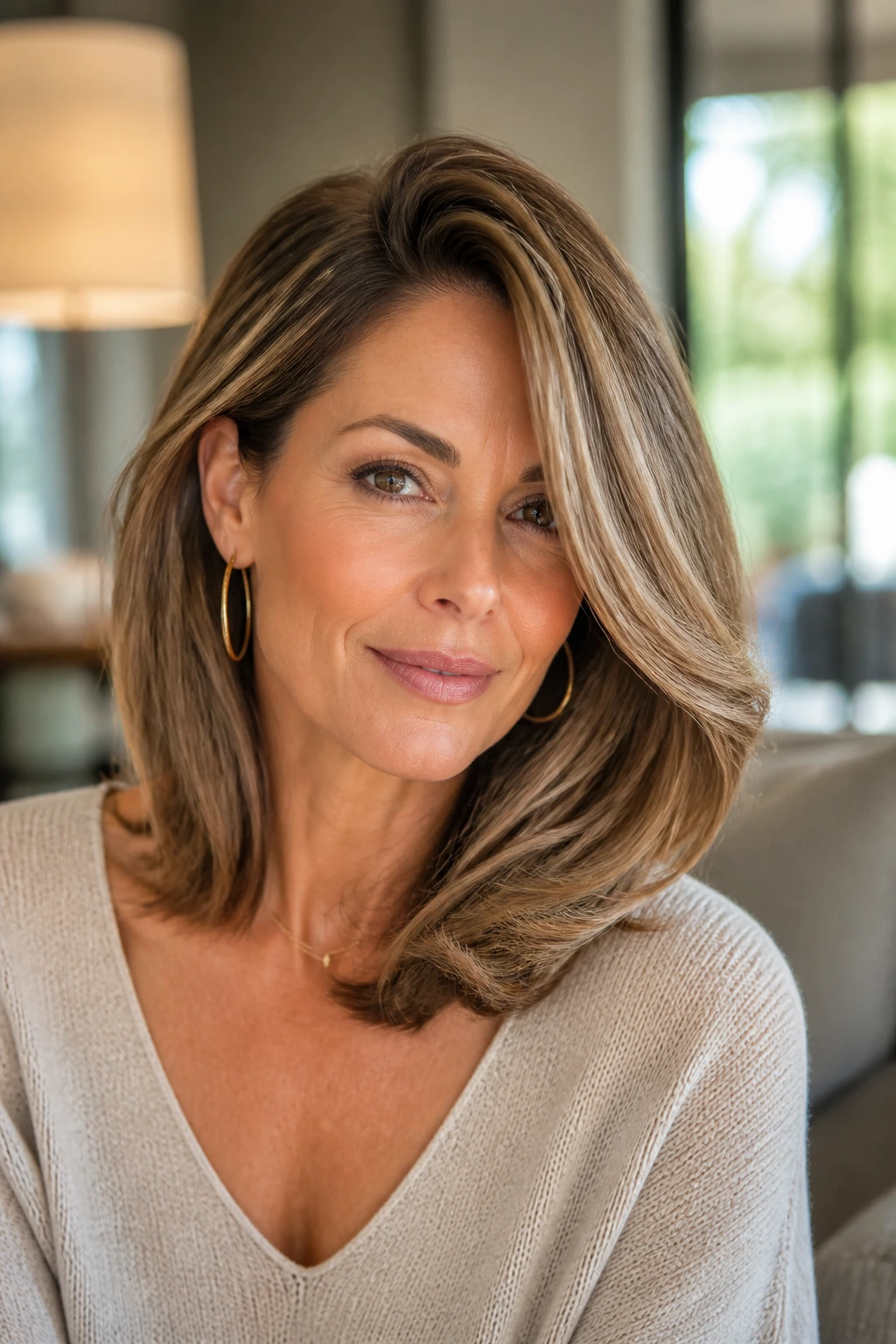 Close-up of a real woman with a deep side part blowout