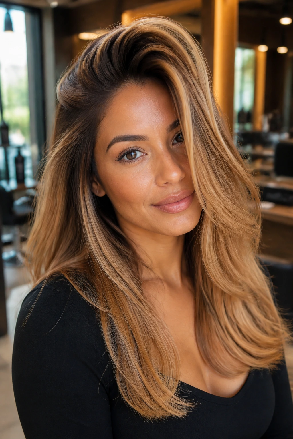 Close-up of a real person with a deep side-part blowout in strawberry blonde balayage on tan skin